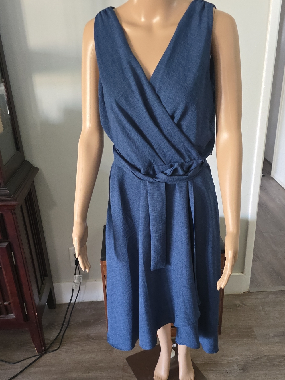 DKNY Denim-Blue Faux-Wrap Midi Dress with Waist Tie